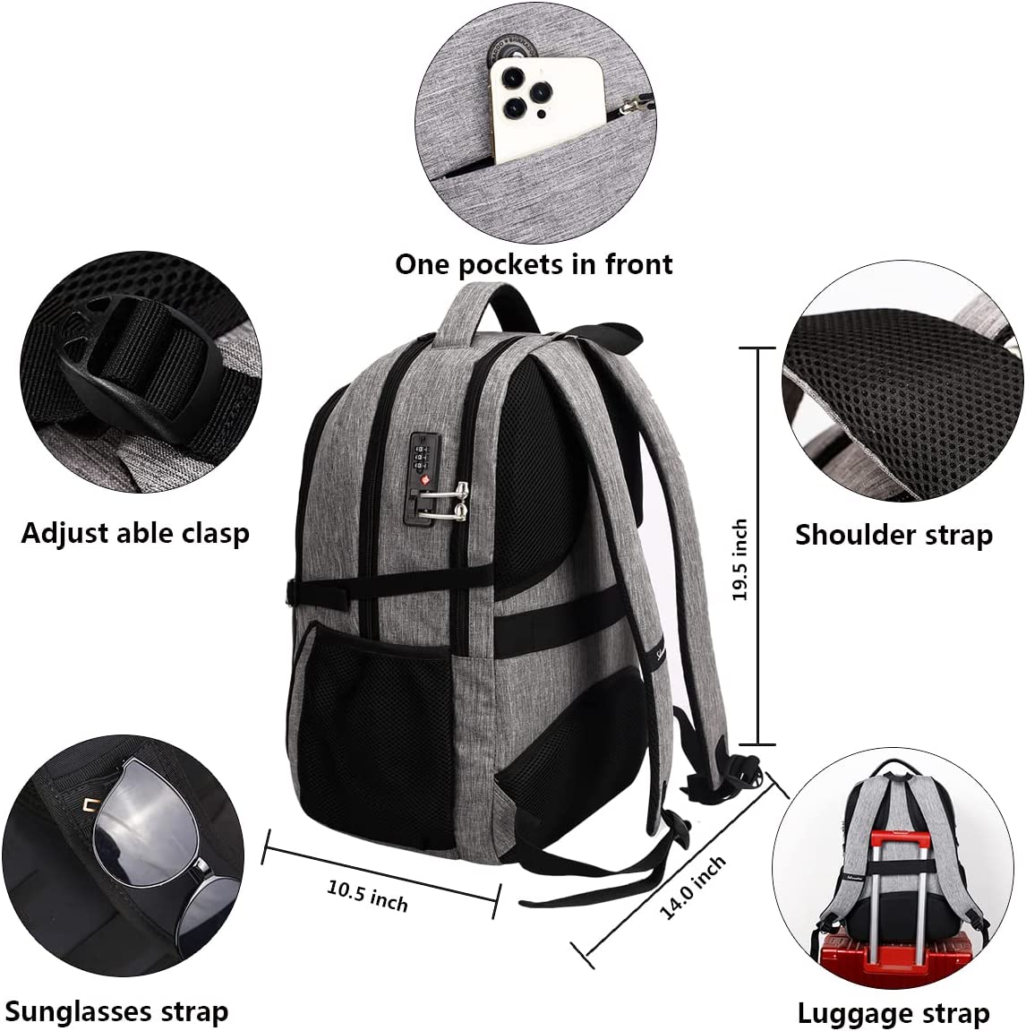 SHRRADOO Travel Laptop Backpack with usb Charging Port for Women & Men School College Students Backpack Fits 17 Inch Laptop (Grey, Large) - Image 3